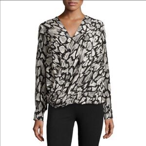 DEREK LAM 10 CROSBY | Black & White Wrap Draped Silk Blouse Women’s Size X-Small